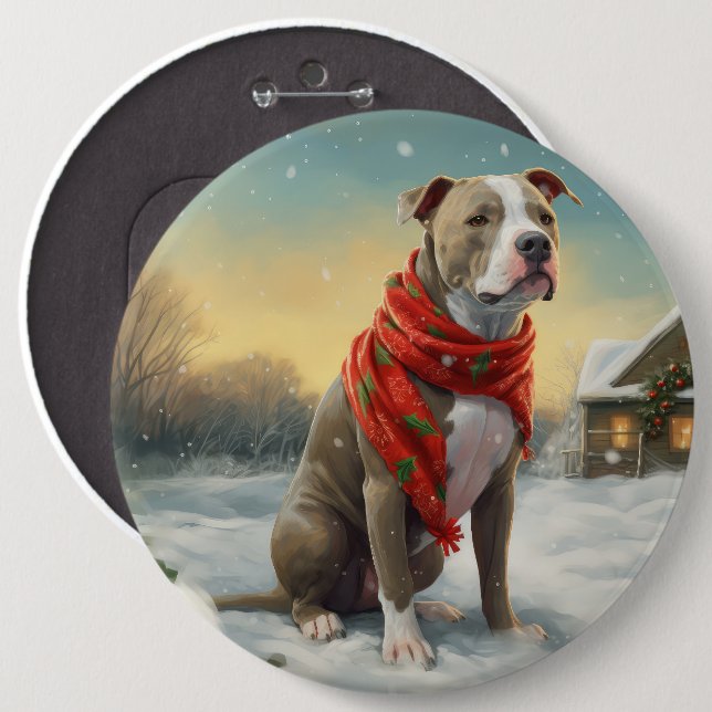Pitbull Dog in Snow Christmas 6 Cm Round Badge (Front & Back)