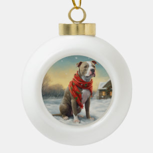 Pitbull Dog in Snow Christmas Ceramic Ball Christmas Ornament