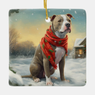 Pitbull Dog in Snow Christmas Ceramic Ornament
