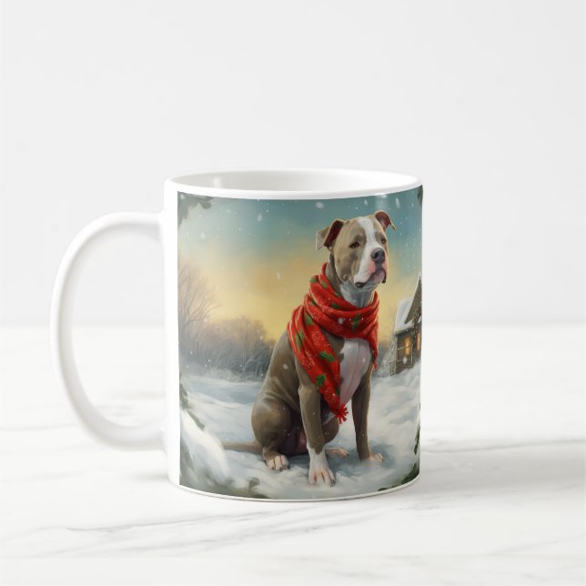 Pitbull Dog in Snow Christmas Coffee Mug (Left)
