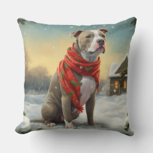 Pitbull Dog in Snow Christmas Cushion