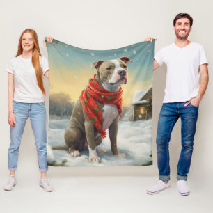 Pitbull Dog in Snow Christmas Fleece Blanket