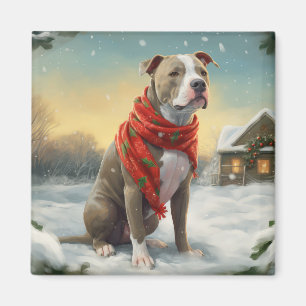 Pitbull Dog in Snow Christmas Magnet
