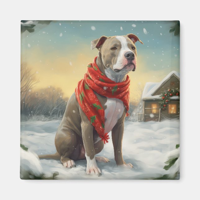 Pitbull Dog in Snow Christmas Magnet (Front)