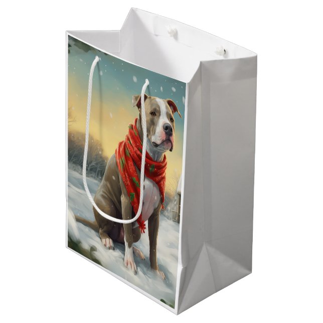 Pitbull Dog in Snow Christmas Medium Gift Bag (Front Angled)