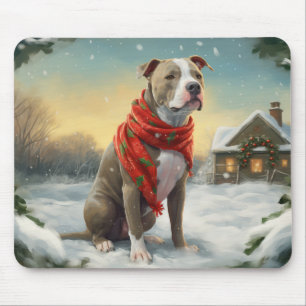 Pitbull Dog in Snow Christmas Mouse Mat
