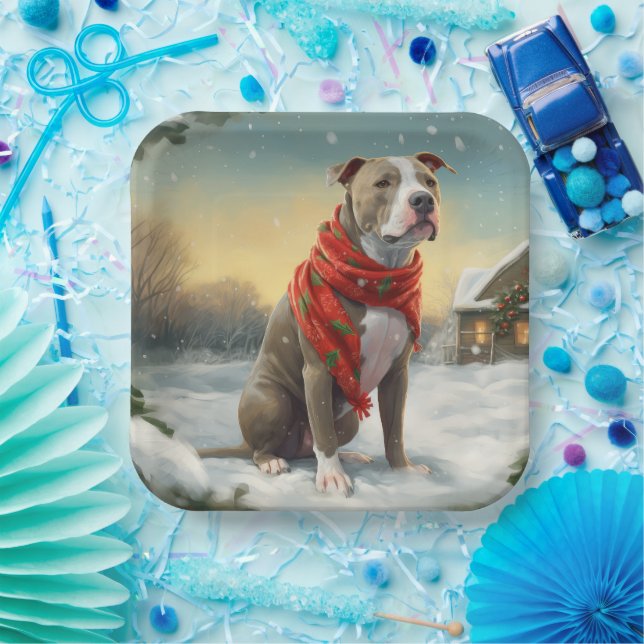 Pitbull Dog in Snow Christmas Paper Plate (Party)