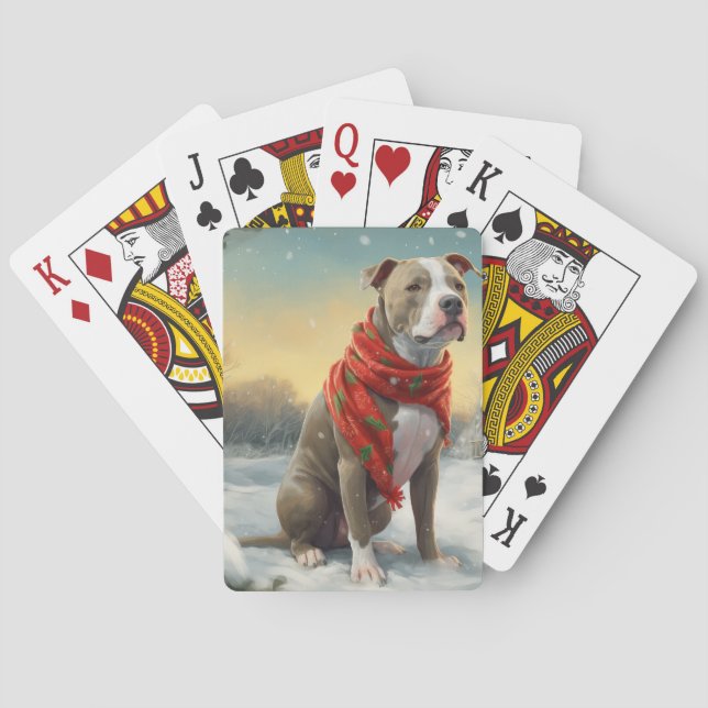 Pitbull Dog in Snow Christmas Playing Cards (Back)