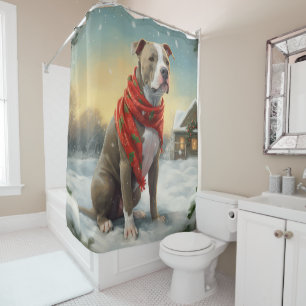 Pitbull Dog in Snow Christmas Shower Curtain