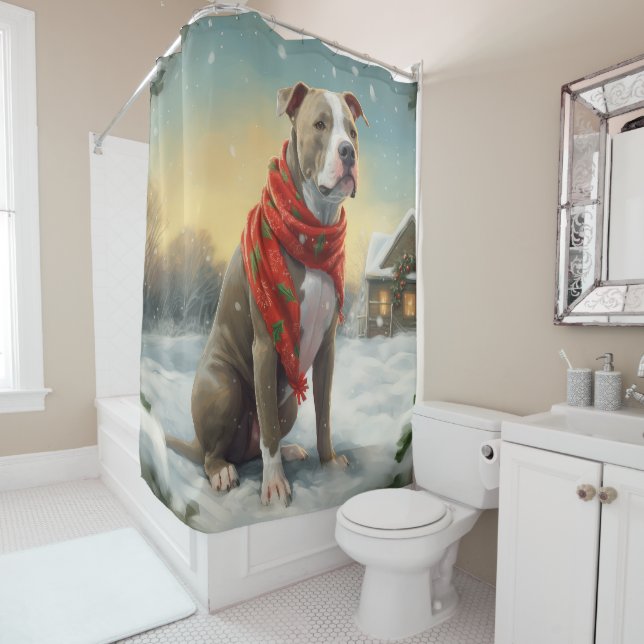 Pitbull Dog in Snow Christmas Shower Curtain (In Situ)