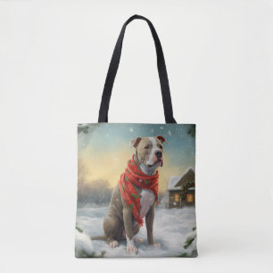 Pitbull Dog in Snow Christmas Tote Bag