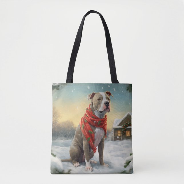 Pitbull Dog in Snow Christmas Tote Bag (Front)