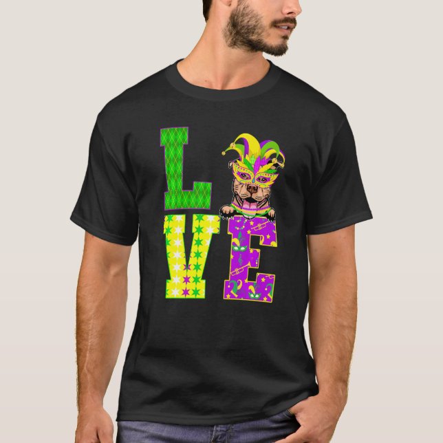 Pitbull Dog Lover I Love Mardi Gras Costume Mask T-Shirt (Front)