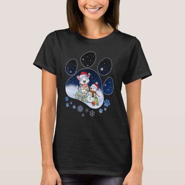 Pitbull Dog Paw Christmas  Snowman Xmas Lights T-Shirt (Front)