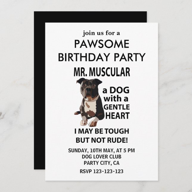 Pitbull Dog Pet Birthday Party Invitation (Front/Back)