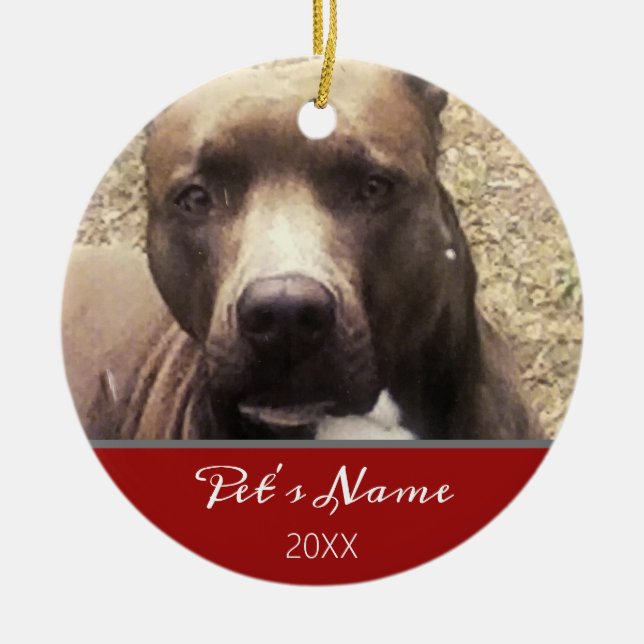 Pitbull Dog Pet Photo Monogram Red Christmas Name Ceramic Tree Decoration (Front)