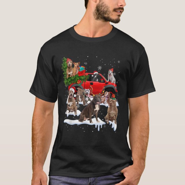 Pitbull Dog Red Truck Christmas Tree Santa Ugly Xm T-Shirt (Front)