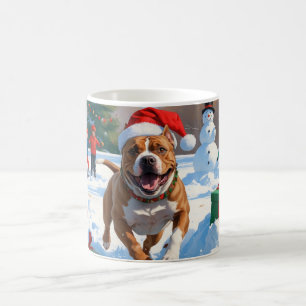 Pitbull Dog Running in Snow with Christmas Hat Coffee Mug