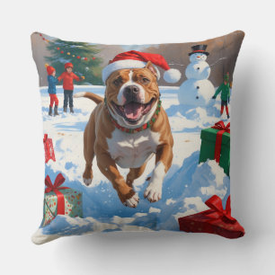 Pitbull Dog Running in Snow with Christmas Hat Cushion