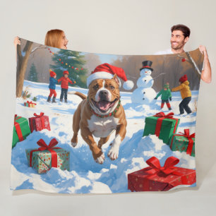 Pitbull Dog Running in Snow with Christmas Hat Fleece Blanket