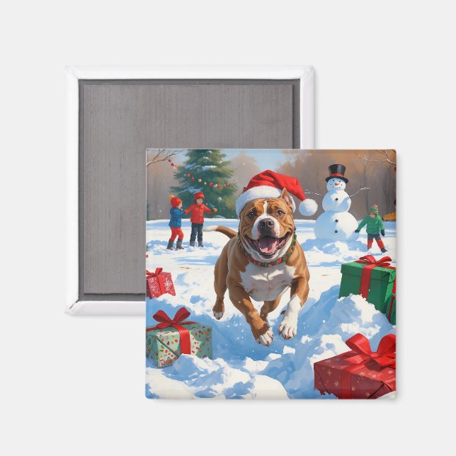 Pitbull Dog Running in Snow with Christmas Hat Magnet (Front/Back)