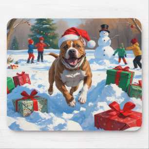 Pitbull Dog Running in Snow with Christmas Hat Mouse Mat