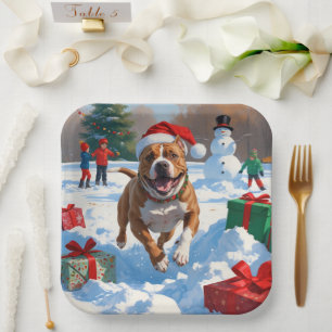 Pitbull Dog Running in Snow with Christmas Hat Paper Plate