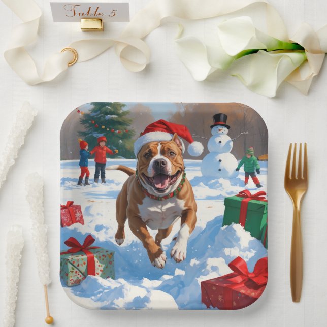 Pitbull Dog Running in Snow with Christmas Hat Paper Plate (Wedding)