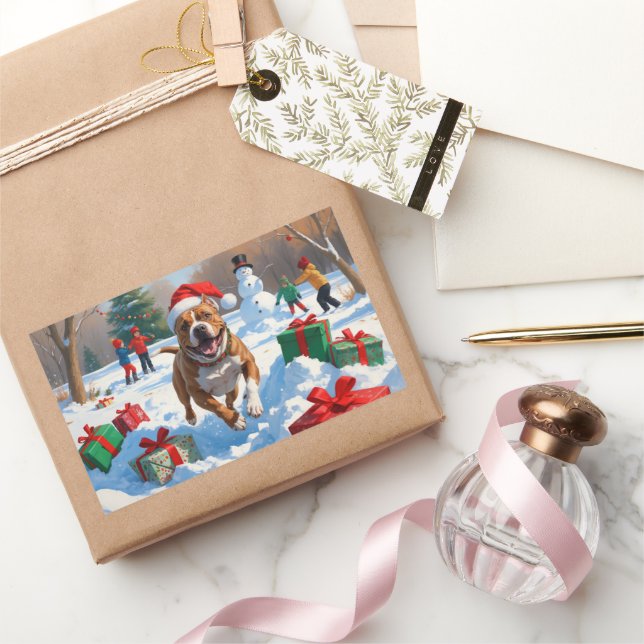 Pitbull Dog Running in Snow with Christmas Hat Rectangular Sticker (Gifting)