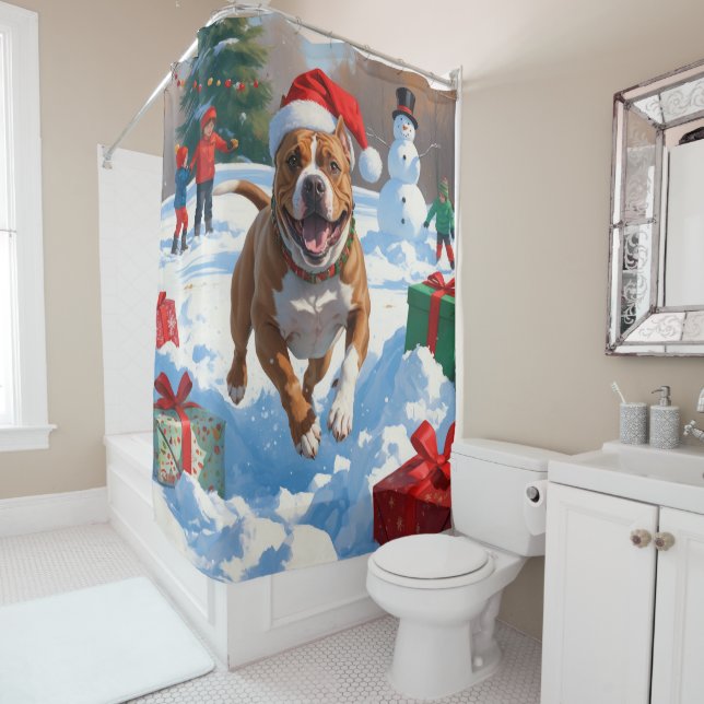 Pitbull Dog Running in Snow with Christmas Hat Shower Curtain (In Situ)