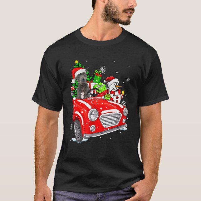 Pitbull Dog Santa Hat Red Car Christmas T-Shirt (Front)