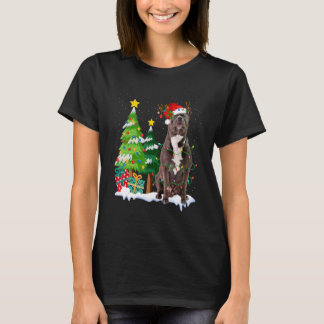 Pitbull Dog Santa Hat Reindeer Christmas Lights T-Shirt