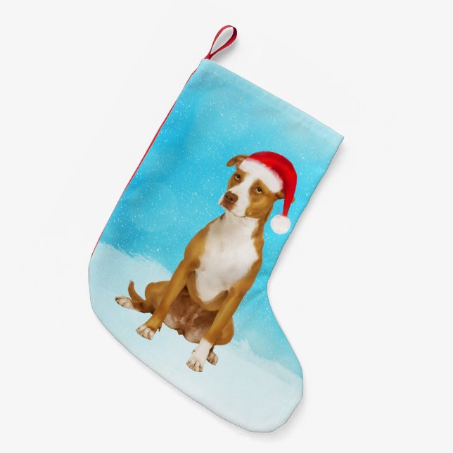 Pitbull Dog Sitting In Snow Christmas Hat Small Christmas Stocking (Front (Hanging))