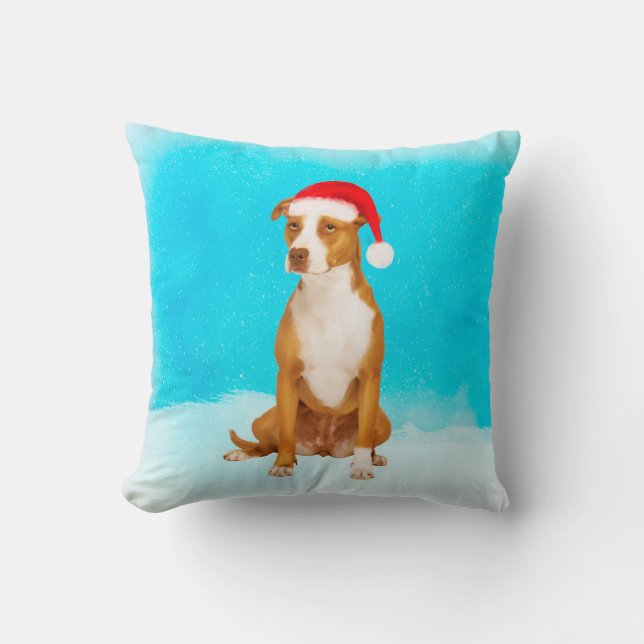 Pitbull Dog Sitting In Snow Christmas Holiday Cushion (Front)
