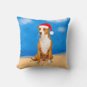 Pitbull Dog Sitting On Beach Christmas Holiday Cushion
