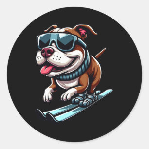 Pitbull Dog Skiing Winter Sports Fun Classic Round Sticker