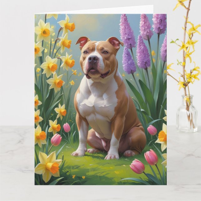 Pitbull Dog Spring Flowers Painting  Card (Yellow Flower)