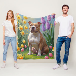 Pitbull Dog Spring Flowers Painting Fleece Blanket