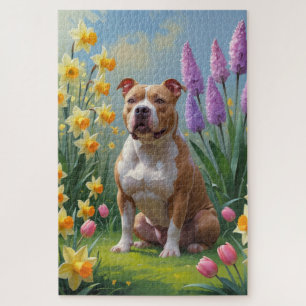 Pitbull Dog Spring Flowers Painting  Jigsaw Puzzle
