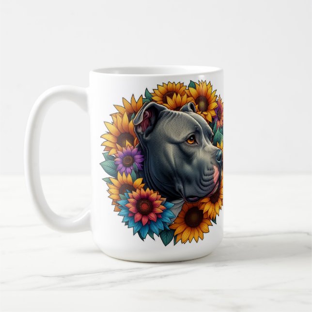 Pitbull Dog Surrounded by Vibrant Sunflowers Coffee Mug (Left)