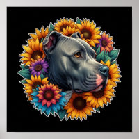 Pitbull Dog Surrounded by Vibrant Sunflowers