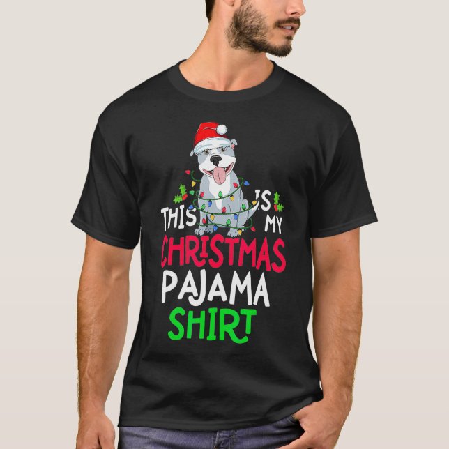 Pitbull Dog Tree Lights This Is My Christmas Pajam T-Shirt (Front)
