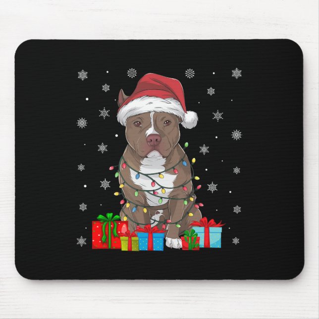Pitbull Dog Ugly Xmas Lights Santa Hat Pitbull Dog Mouse Mat (Front)
