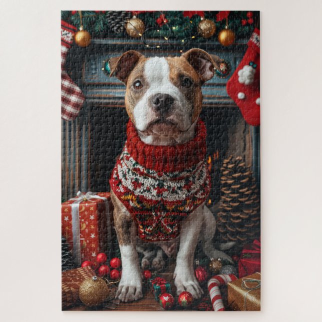 Pitbull Dog With Christmas Gifts Fireplace Jigsaw Puzzle (Vertical)