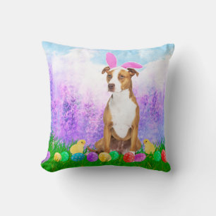 Pitbull Dog with Easter Eggs Bunny Chicks Cushion