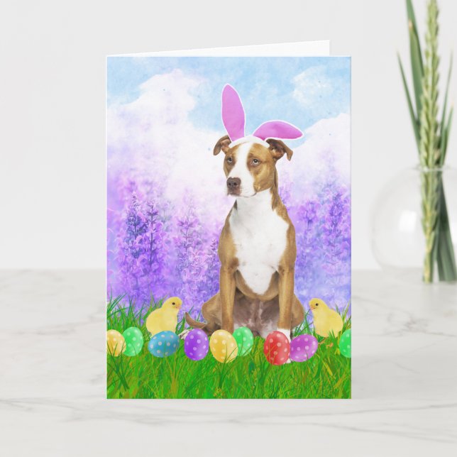 Pitbull Dog with Easter Eggs Bunny Chicks Holiday Card (Front)
