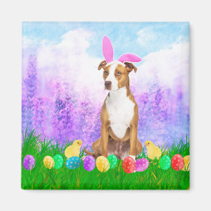 Pitbull Dog with Easter Eggs Bunny Chicks Magnet