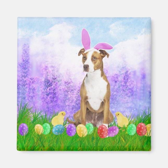 Pitbull Dog with Easter Eggs Bunny Chicks Magnet (Front)