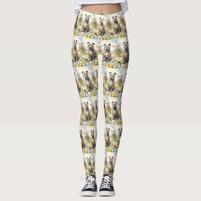 Pitbull Dog with Easter Eggs Holiday Leggings (Front)