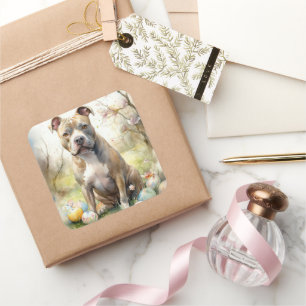 Pitbull Dog with Easter Eggs Holiday Square Sticker